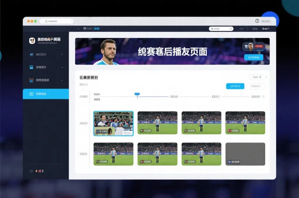 比赛结束后，电视屏幕展示集锦回放页面，旁边有时间轴和多角度切换提示